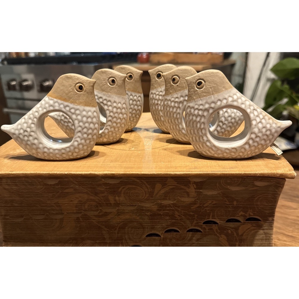 FITZ & Floyd Pottery Stoneware Ceramic Bird Napkin Holder Rings 6 NWT